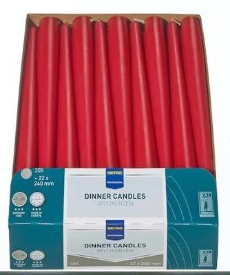 Productafbeelding van METRO PROFESSIONAL Tafelkaarsen, 2,2 x 24 cm, was, rood, 30 stuks