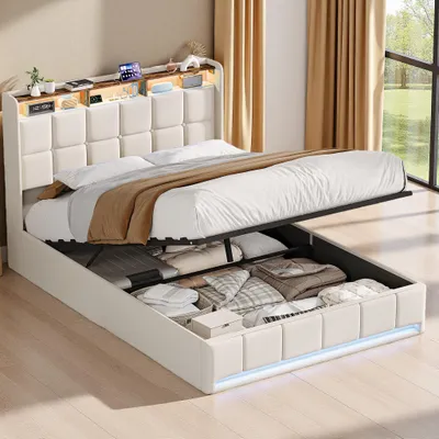 Image de Lit rembourré ProximaX 140 x 200 cm, tissu lin beige, lit pneumatique avec rangement et éclairage LED, lit avec rangement et station de recharge USB
