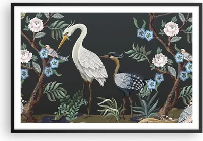 Produktbild von Gerahmtes Poster - Schwarzer Rahmen - Asiatisch Reiher Blumen - 91,5x61 cm - Wand Bild - Wanddeko - Wandbilder - Kunstposter - Wandposter - Bilderrahmen - Bilder - Kunstdruck - P2BAA91x61-4699