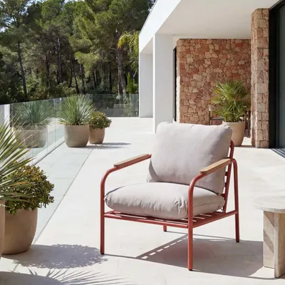 Produktbild von Aluminium-Gartensessel HWC-O11, Outdoor Stuhl Gartenstuhl, Olefin Stoff/Textil (205 g/m²)  terrakotta Polster beige