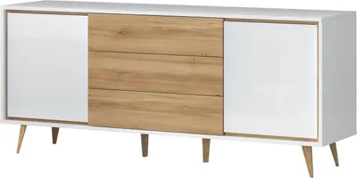 Produktbild von Kommode Tuanai 05, Farbe: Eiche / Weiß Hochglanz - 78 x 180 x 47 cm (H x B x T)