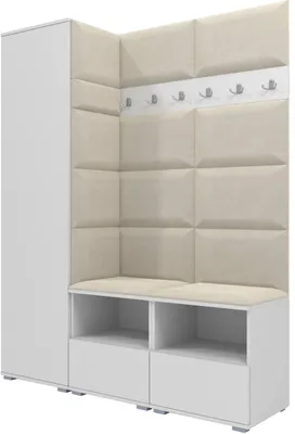A white and cream corner coat rack with a bench and storage.