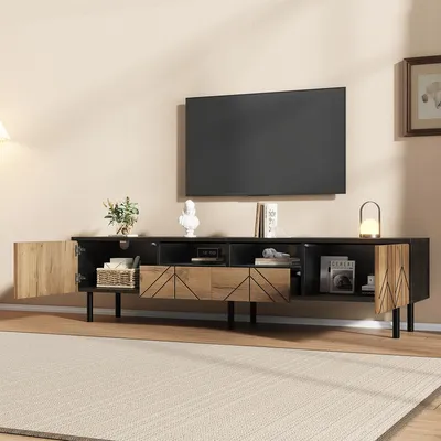 Produktbild von TV-Schrank mit Schubladen & Türen TV-Tisch TV-Ständer TV Board bis 75kg belastbar 180x40x45 cm Schwarz-Holzoptik