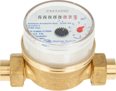 Produktbild von Einstrahlzähler ETK Kombi-Set (Kaltwasser) bis 30 Grad Länge 80 mm, inkl. Verschraubungen mit 15 mm Lötmuffe