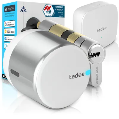 Produktbild von Tedee GO2 Alu Smart Lock Set mit Bridge und EXXO Zylinder – Elektronisches Türschloss, Klasse 6, WLAN, Anti-Bumping, Auto-Unlock, Matter