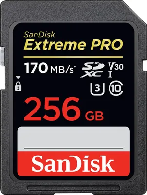 Produktbild von SanDisk Exrteme PRO 256 GB, 256 GB, SDXC, Klasse 10, UHS-I, 170 MB/s, 90 MB/s