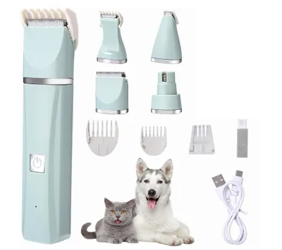 Produktbild von Hunde Katzen Schermaschine, 4 in 1 Hundeschermaschine Profi Schermaschine Elektrisches Tierhaarschneider Set Hundepfotentrimmer mit 4 Trimmerköpfen