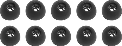 A top-down view of multiple black earbud tips arranged in two rows on a white background.