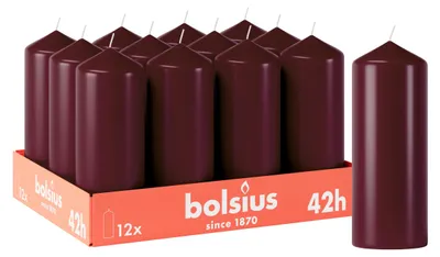 Immagine prodotto di Candele cilindriche Bolsius, colore bordeaux, confezione da 12 pezzi, dimensioni 15 x 6 cm, ideali per la decorazione