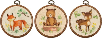 Produktbild von Vervaco Kreuzstich Set "Waldtiere" 3er Set mit Stickrahmen, Zählmuster, Diam. 10cm