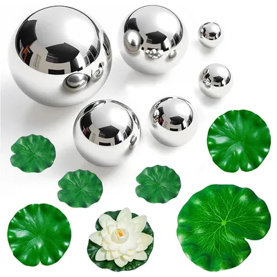 Image de Ensemble de boules de décoration - 6 boules flottantes en acier inoxydable, avec 6 feuilles de lotus et 2 fleurs flottantes - pour petits bassins et étangs de jardin