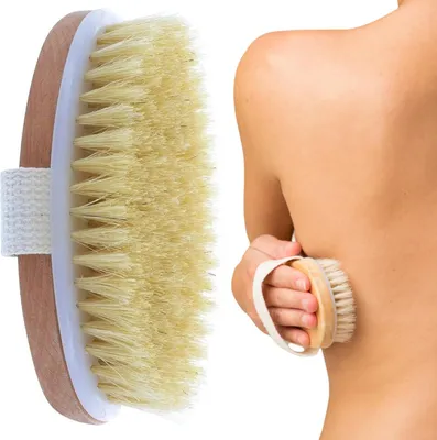 Produktbild von Körperbürste aus Naturholz für Trockenbürsten und Massage, 13x7x4 cm mit Stoffgriff