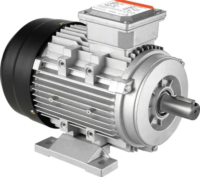 A silver electric motor with a black fan cover and a gray junction box is shown on a white background.