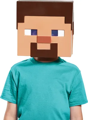 A child wearing a Minecraft Steve mask and a teal t-shirt against a white background.
