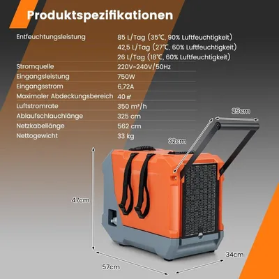 Immagine prodotto di Deumidificatore edile da 85 L/giorno con pompa e tubo di scarico dispositivo di asciugatura industriale con timer 24 ore arancione + grigio
