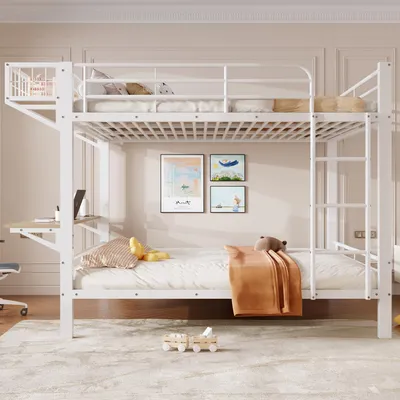 Imagen del producto de Cama nido de 140x200 cm con escalera y escritorio, cama juvenil con espacio de almacenamiento abierto, cama alta con barandilla, color blanco, metal y MDF