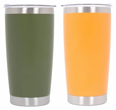 Productafbeelding van 2 x Thermos roestvrijstalen isolatiebeker (SS304) met deksel, dubbelwandig, 590 ml, oranje-groen.