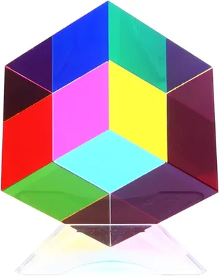Productafbeelding van Kleurenkubus (60 mm) met standaard - Cyaan - Magenta - Geel - Magische kleurmenging acrylglasprisma's