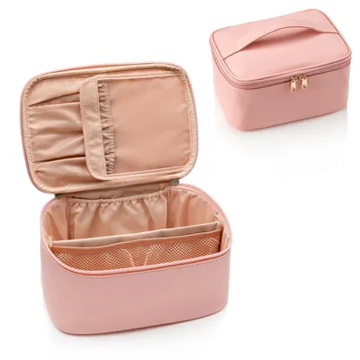Obrázok produktu pre Kozmetická taška, prenosná taška na make-up (ružová), cestovná taška na líčenie, veľká kapacita, toaletná taška, viacero priehradiek s rúčkou a priečkami, ideálne darčeky