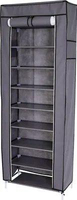 A tall, narrow, grey fabric wardrobe with multiple shelves, standing on white legs against a white background.