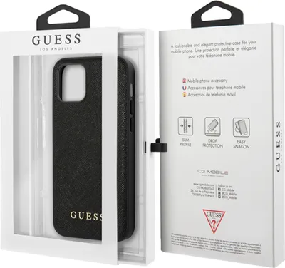The image shows the packaging of a Guess phone case, with the phone case itself visible through a clear window.