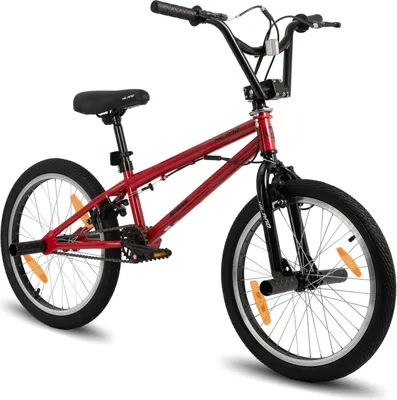 Produktbild von Hiland 20 Zoll Kinder BMX Fahrrad für Jungen Mädchen, 360 Grad Rotor Freestyle, 4 Pegs Single Speed Kinder BMX Fahrrad,Doppel-U-Bremse, Rot