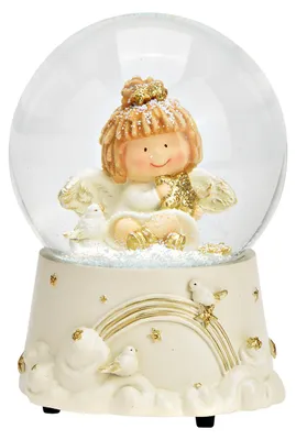 Productafbeelding van Muziekdoos, sneeuwbol met engel van poly, goud, wit (B/H/D) 10x14x10 cm
