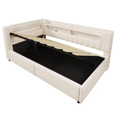 Produktbild von Flieks Hydraulisches Polsterbett 90x200cm mit Led, Tagesbett Schlafsofa mit Ladeanschlüssen, Daybed Stauraumbett Einzelbett mit Ablagen, Leinen, Beige