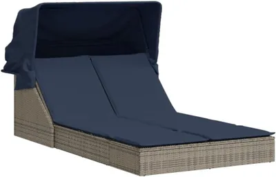 Produktbild von Doppelte Sonnenliege mit Sonnendach, 2-Sitzer Gartenliege aus Polyrattan, verstellbare Rückenlehne, inklusive Bequeme Kissen, Gartenmöbel für Terrasse und Garten, Grau