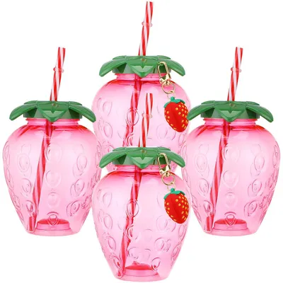 Productafbeelding van Aardbeien-drankbeker - Met deksel en rietje - Herbruikbare bubble tea beker - Rood