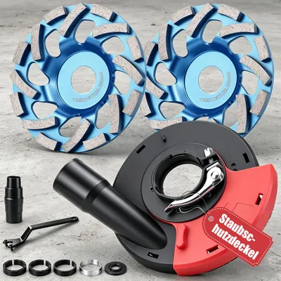 Zdjęcie produktu dla Osłona przeciwpyłowa do szlifierki kątowej + 2 x talerz diamentowy 125 mm, 16 segmentów turbodołowych do betonu, kamienia, płytek. Osłona z pierścieniem szczotkowym. Pierścień adapterowy