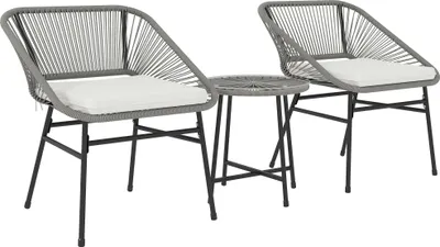 Produktbild von 3-teiliges Outdoor-Möbelset, 1 Tisch, 2 Stühle, Rattan-Geflecht, Stahlrahmen, Kaffeetisch mit Glasplatte, Dunkelgrau