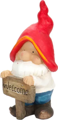 Produktbild von Gartenzwerg mit Begrüßungsschild Welcome-Schild, Gartenfigur Zwerg mit roter Zipelmütze für Garten, Terrasse, Balkon