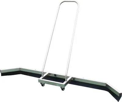A tennis court sweeper with a metal frame and black rubber blades, shown against a white background.