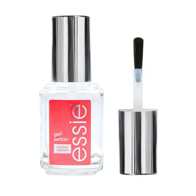 A bottle of Essie Gel Setter Top Coat nail polish with its cap off, showing the brush.