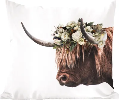 Produktbild von MuchoWow® Zierkissen Sofakissen Wohnzimmer Dekokissen 60x60 cm Schottisches Hochlandrind - Blätter - Hörner - Sitzfläche - Foto Polster