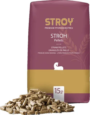 A bag of STROY Stroh Pellets with a pile of the pellets in front of it.