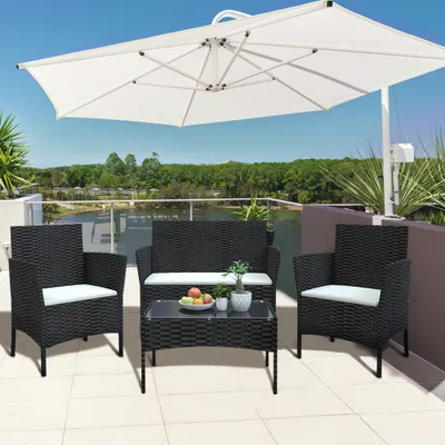 Produktbild von Bigzzia Rattan Gartenmöbel Set, Lounge Gartenmöbel Set, Lounge Sessel, Polyrattan Balkonmöbel Kleiner Balkon Wetterfest Sitzlounge Für 4-5 Personen