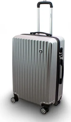 A silver hard-shell suitcase with a telescopic handle and four wheels, shown against a white background.