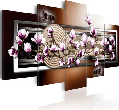 Produktbild von Leinwandbilder Blumen 200x100 cm Vlies Leinwandbild 5 tlg Kunstdruck modern Wandbilder XXL Wanddekoration Design Wand Bild - rosa Magnolie orientalisch Perlen Sand b-A-0006-b-p