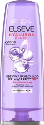 A product shot of a L'Oréal Elseve Hyaluron Plump hair conditioner bottle.