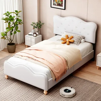 Produktbild von Kinderbett Polsterbett 90 x 200 cm, Bettgestell in Leinenstoff mit Kopfteil, Fußteil und Lattenrost gepolstertes Einzelbett Jugendbett Gästebett
