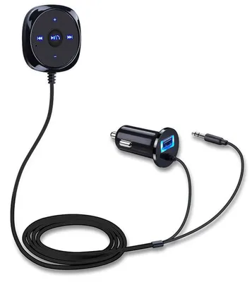 Produktbild von Bluetooth-Kfz-Kit mit Bluetooth-Empfänger, Bluetooth-Freisprecheinrichtung, integriertem Mikrofon, Lüftungsschlitzclip und 2,1-A-USB-Kfz-Ladegerät