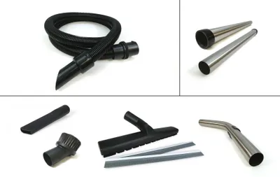 A collage of vacuum cleaner attachments, including a hose, crevice tool, brush, squeegee, and extension tubes.