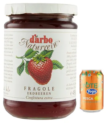Produktbild von 12er-Pack Darbo Marmelade Confettura Naturrein Fragole,Erdbeerkonfitüre,450g Glas + 1er-Pack  Yoga Eistee Pfirsich 330ml Dose