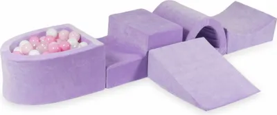 Produktbild von Schaumstoff-Spielset mit Brücke und Mikro-Bällepool – Samtig weiches Lila + 100 Bällebadbälle / transparent, weiß, babyrosa, puderrosa