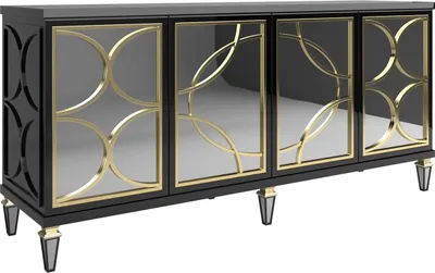 Produktbild von Casa Padrino Luxus Barock Sideboard Schwarz / Gold 220 x 55 x H. 105 cm - Prunkvoller Schrank mit 4 verspiegelten Türen - Barock Möbel