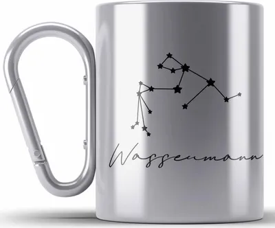 Produktbild von Trendation - Wassermann Sternzeichen Edelstahl Tasse Karabiner Geschenk Horoskop Tierkreiszeichen (Silber)