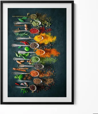 Produktbild von Löffel mit bunten Gewürzen– Wandbild mit Rahmen – Gerahmtes Bild  – Wanddekoration – 70x100 cm –  Schwarz Rahmen