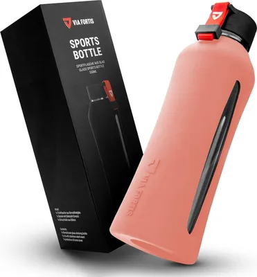 Image de VIA FORTIS® Gourde en verre avec housse en silicone de haute qualité - Gourde pour le sport, le fitness, la gym, le vélo & le bureau - incassable & sans BPA - 550ml - Couleur : rose-abricot